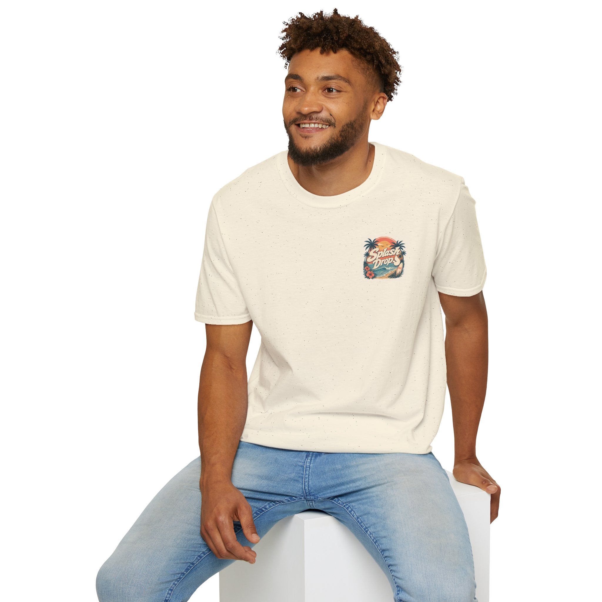 SplashDrop Beach Pocket T-Shirt — Retro Palm Sunset Graphic
