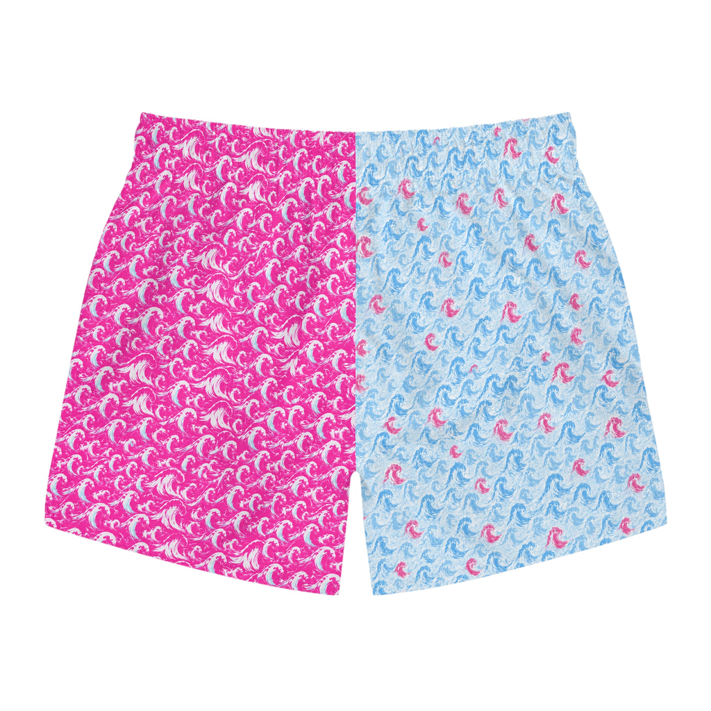 Reversible Pink & Blue Wave Pattern Swim Trunks