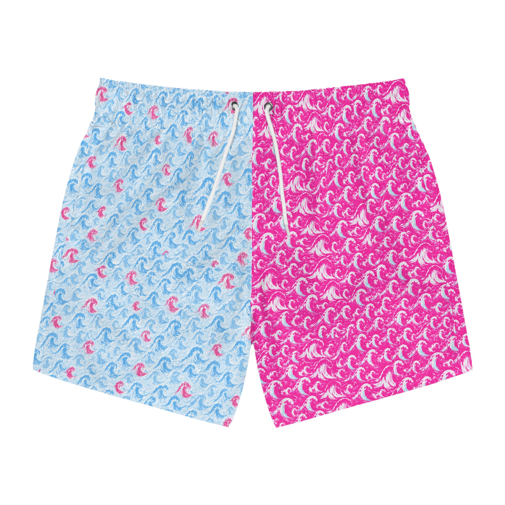 Reversible Pink & Blue Wave Pattern Swim Trunks