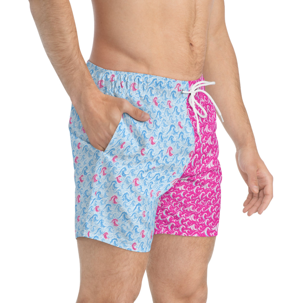 Reversible Pink & Blue Wave Pattern Swim Trunks
