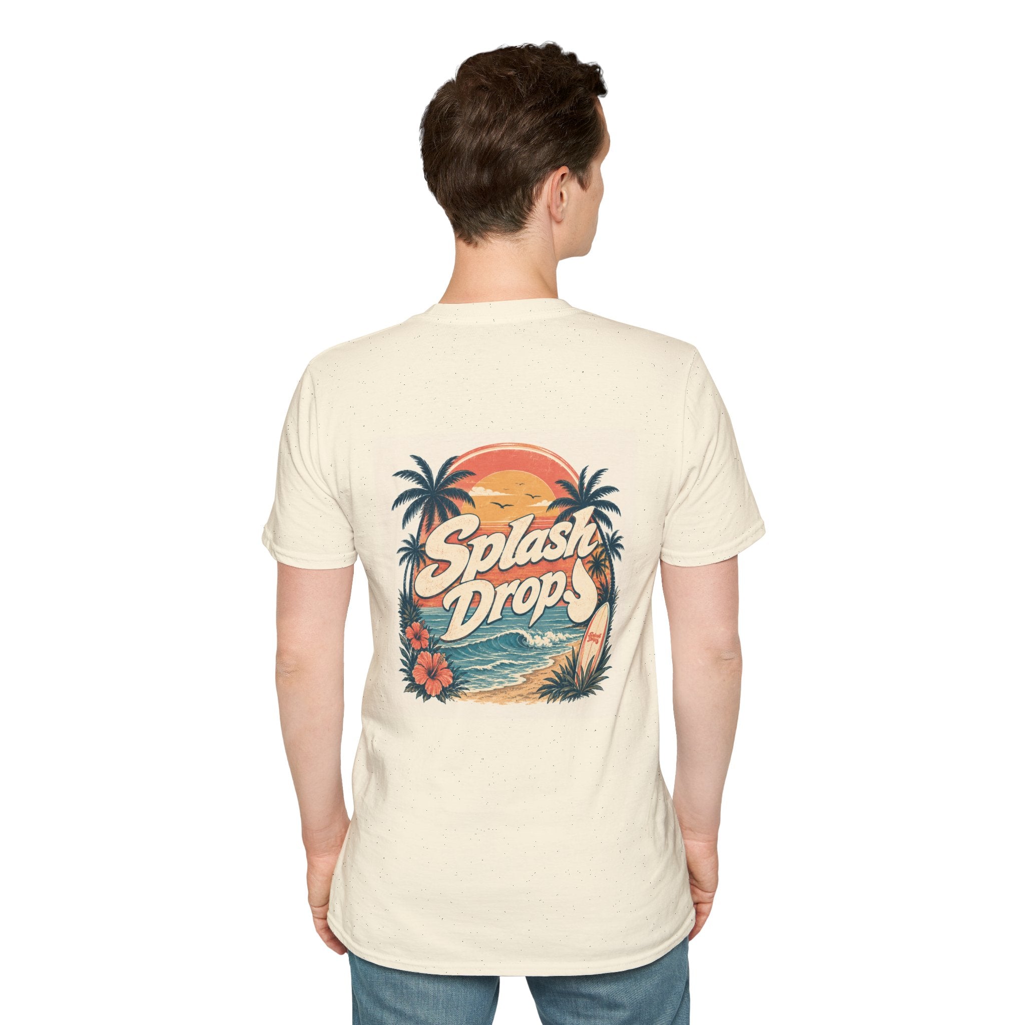 SplashDrop Beach Pocket T-Shirt — Retro Palm Sunset Graphic
