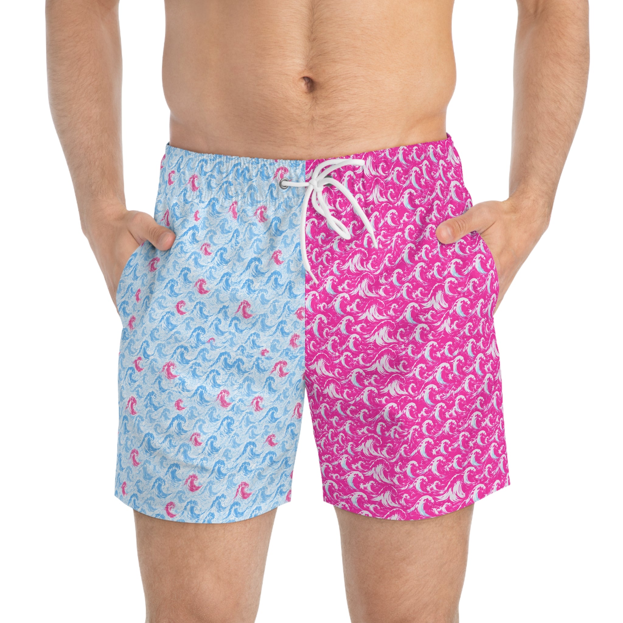 Reversible Pink & Blue Wave Pattern Swim Trunks